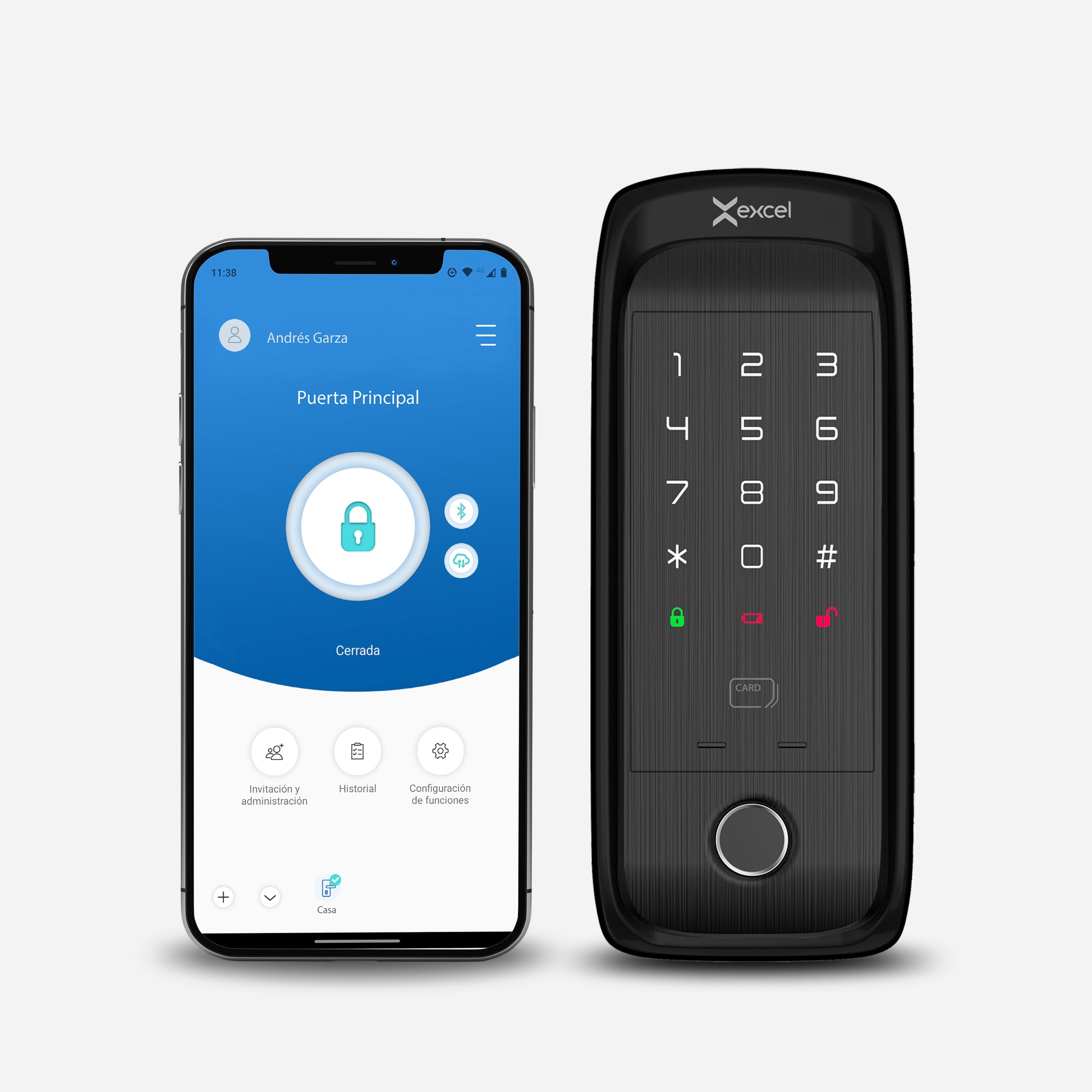 Cerradura digital tipo cerrojo EXC-SD400. WiFi y Bluetooth, Huella Digital, Contraseña Numérica y Tarjeta RFID. Módulo exterior, vista frontal. Smartphone con App Excel Smart Doorlock.