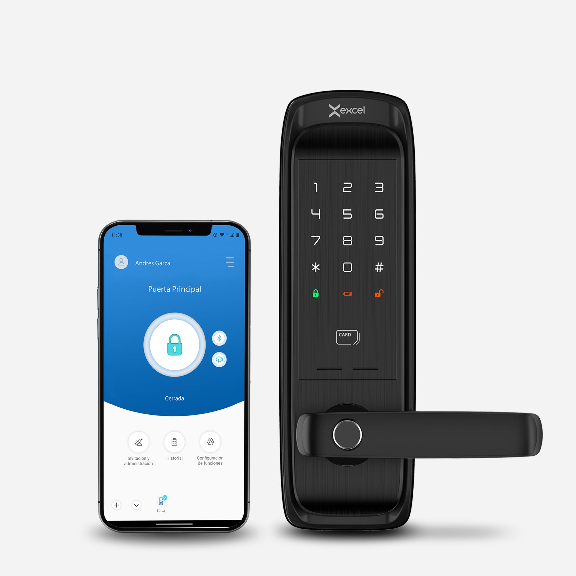 Cerradura Inteligente EXC-SL500. Conectividad WiFi y Bluetooth, lector de huella digital, Contraseña Numérica y Tarjeta RFID. Celular con la app Excel Smart Doorlock