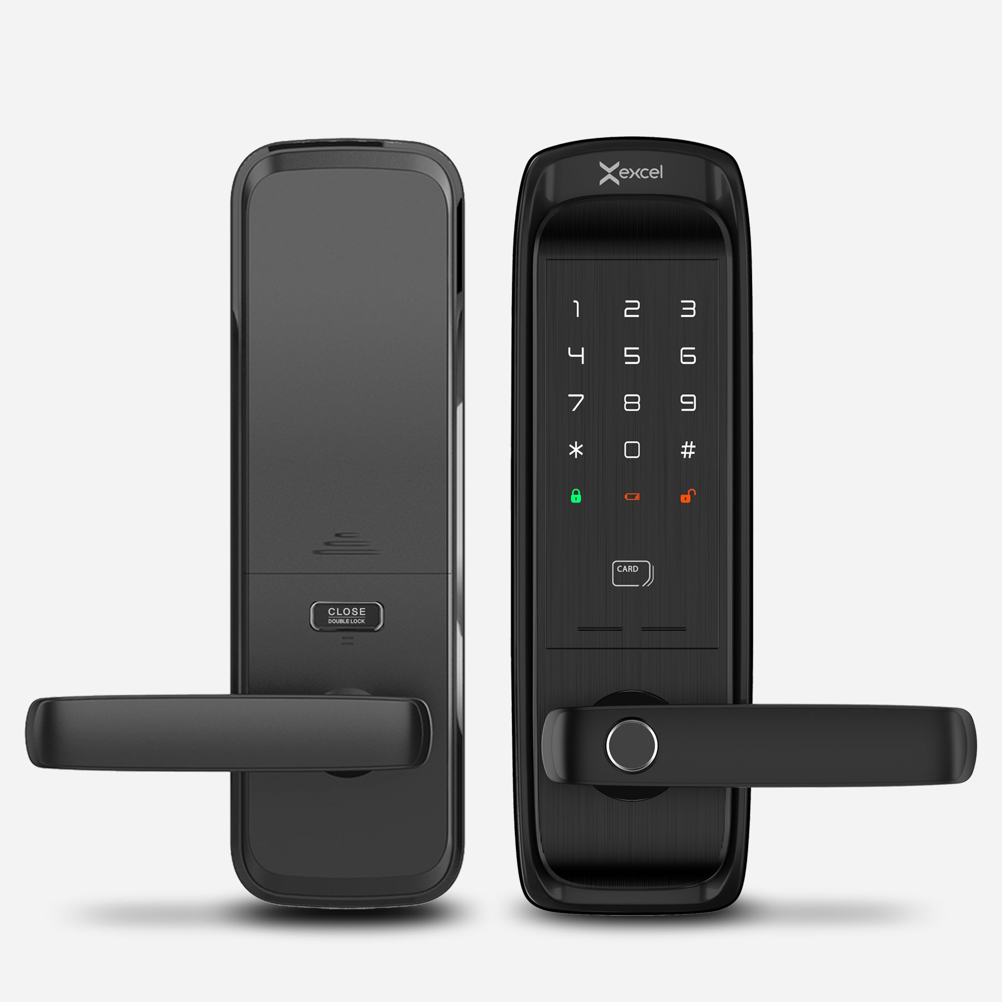 Cerradura Inteligente EXC-SL500. Conectividad WiFi y Bluetooth, lector de huella digital, Contraseña Numérica y Tarjeta RFID. Módulo interior, vista frontal.